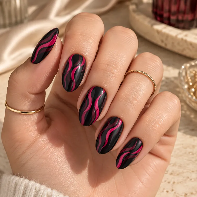A hand wearing the same black and raspberry ribbon design.