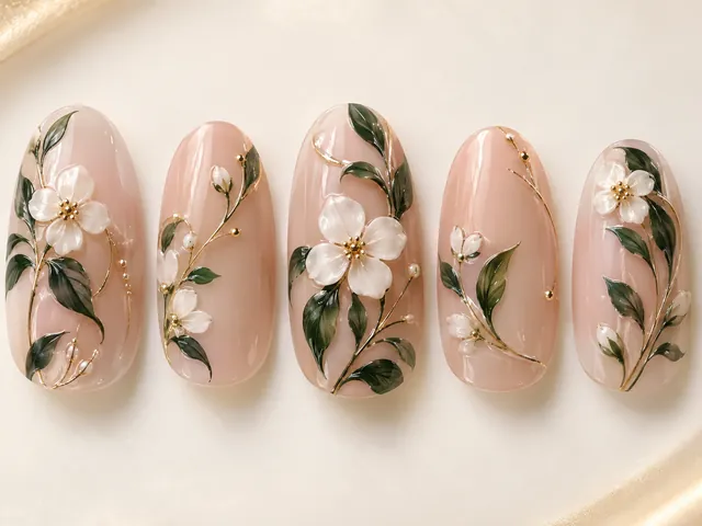 Blush almond nail tips with painted leaves, gold stems and white porcelain flowers.
