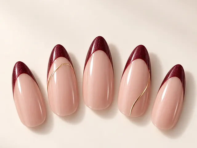 Milky rose almond tips with deep wine micro-French edges and fine gold lines.
