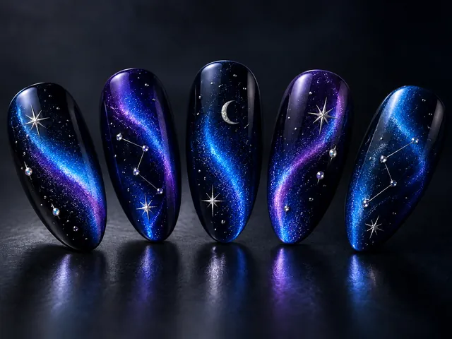 Long almond tips with cobalt and violet cat-eye ribbons and tiny silver constellations.