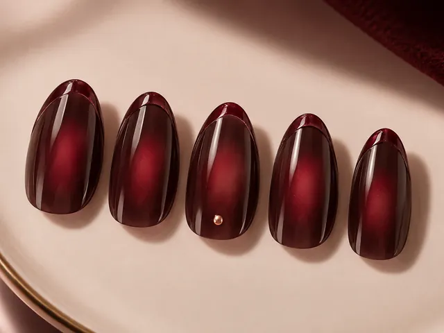 Short squoval tips with a black-cherry jelly glow fading to sheer blush.