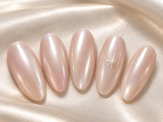 Milky nude almond tips with a soft pearl-chrome glaze.