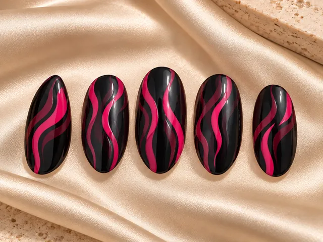 Glossy black almond tips with raspberry-pink ribbons.