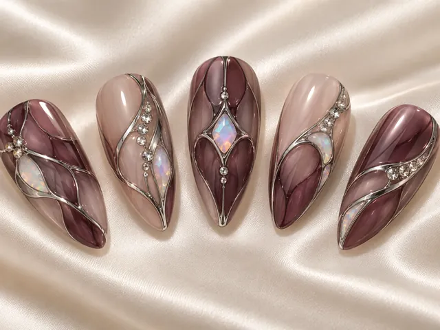 Smoky plum stained-glass almond tips with silver outlines and opal inlays.