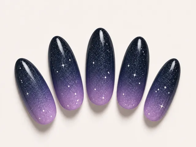 Almond tips fading from lilac to midnight navy with tiny silver stars.