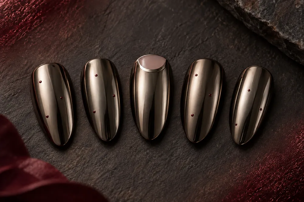 Version 2: warmer gunmetal chrome with a few tiny oxblood dots.