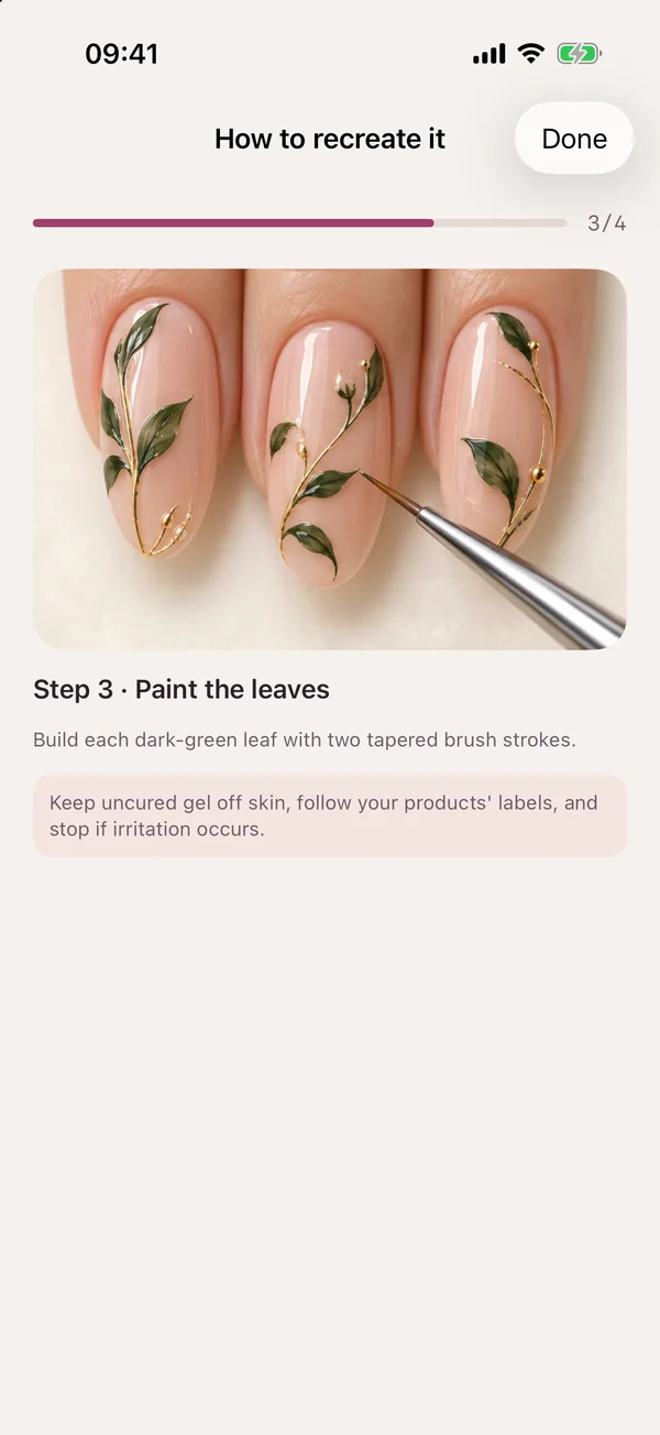 Tiptint’s step-by-step guide on step 3 of 4, Paint the leaves, with a close-up of a brush adding leaves to blush nails.