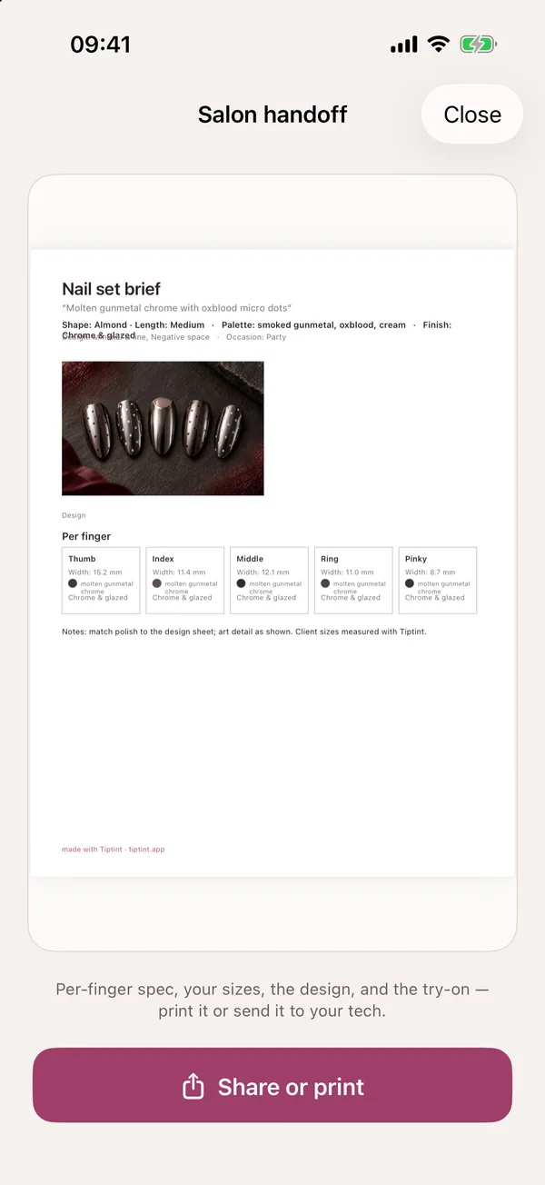 Tiptint’s salon handoff screen: a nail set brief with the design and a per-finger table of width, colour and finish.